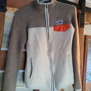 Patagonia Two-Tone Cream and Taupe Wool Jacket with Orange Pocket Accent